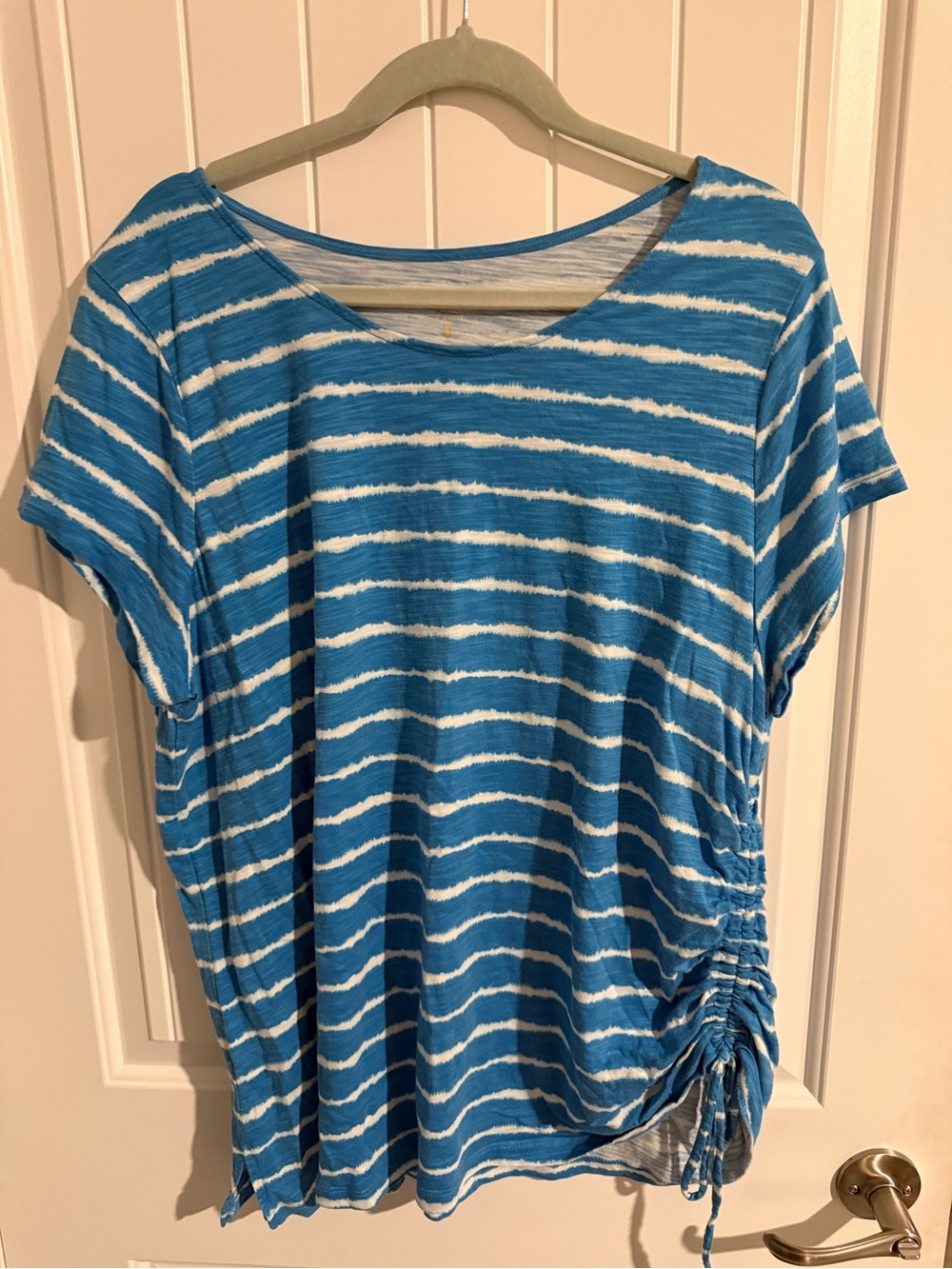 Belle by Kim Gravel Blue & White Stripe Ruched Top — 2X